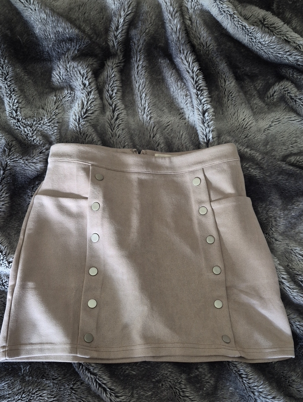 Button-Trim Mini Skirt in Taupe